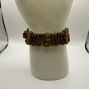 Carved Brown Wood Bracelet Bovine Disk Beads 3 Strand Beaded Row Beautiful